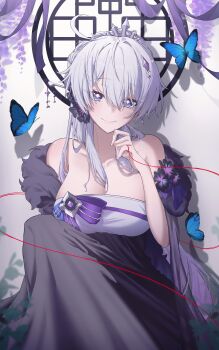 Rule 34 | 1girl, absurdres, ahoge, black dress, blue eyes, breasts, cleavage, commentary request, diamond-shaped pupils, diamond (shape), dress, highres, honkai (series), honkai impact 3rd, huge breasts, hyume 26, kiana kaslana, kiana kaslana (herrscher of finality), large breasts, long hair, looking at viewer, smile, solo, symbol-shaped pupils, tiara, very long hair, white hair