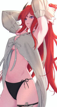1girl arknights armpits black_panties breasts commentary_request cowboy_shot detached_sleeves highres horns kimo_suna large_breasts long_hair looking_to_the_side official_alternate_costume panties purple_eyes red_hair simple_background solo standing surtr_(arknights) surtr_(colorful_wonderland)_(arknights) swimsuit underwear very_long_hair white_background