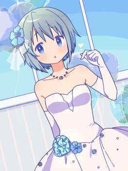 Rule 34 | 1girl, :o, absurdres, balloon, blue eyes, blue flower, blue hair, breasts, commentary request, dress, dress flower, dutch angle, elbow gloves, finger heart, flower, gloves, hair flower, hair ornament, heart balloon, highres, looking at viewer, mahou shoujo madoka magica, medium hair, miki sayaka, ruru (rurumagi), small breasts, solo, strapless, strapless dress, upper body, wedding dress, white dress, white gloves