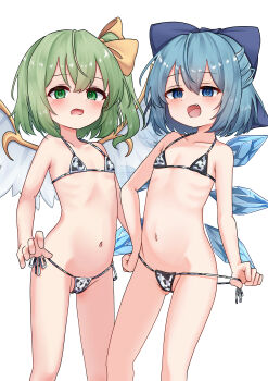 2girls absurdres animal_print bikini blue_bow blue_eyes blue_hair blush bow cirno commentary_request commission cow_print daiyousei fairy_wings fang flat_chest green_eyes green_hair hair_bow highres ice ice_wings large_variant_set loli micro_bikini multiple_girls navel open_mouth short_hair simple_background skeb_commission swimsuit touhou tsubakipan variant_set white_background wings