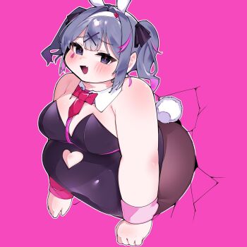 1girl :d alternate_body_size animal_ears armpit_crease arms_at_sides bare_arms bare_shoulders black_bow black_leotard blue_eyes blue_hair blush bow bowtie breasts center-flap_bangs chile_paper clenched_hand clothing_cutout colored_inner_hair commentary_request cowboy_shot crack cracked_wall cutout_above_navel detached_collar double-parted_bangs fake_animal_ears fake_tail fang fat hair_between_eyes hair_bow hair_intakes hair_ornament hatsune_miku heart_cutout highres large_breasts leotard looking_at_viewer medium_hair multicolored_hair necktie obese open_mouth outline pink_background pink_hair pink_pupils rabbit_ears rabbit_hole_(vocaloid) rabbit_tail raised_inner_eyebrows red_bow red_bowtie red_necktie short_necktie sidelocks simple_background skin_fang smile solo standing strapless strapless_leotard streaked_hair tail teardrop_facial_mark through_wall tongue twintails two-tone_hair vocaloid white_outline white_tail x_hair_ornament