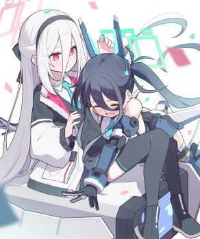 2girls absurdres aqua_halo aris_(armed)_(blue_archive) aris_(blue_archive) bare_shoulders black_hair black_hairband black_vest blue_archive blue_eyes blue_necktie blush breasts closed_mouth collared_shirt commentary_request double-parted_bangs grey_skirt hair_between_eyes hairband halo headgear highres jacket kei_(blue_archive) kei_(new_body)_(blue_archive) leotard long_hair long_hair_between_eyes long_sleeves looking_at_viewer mecha_musume mechanical_arms mechanical_legs multiple_girls necktie official_alternate_costume official_alternate_hairstyle open_clothes open_jacket open_mouth pink_eyes puffy_long_sleeves puffy_sleeves rectangular_halo ringed_eyes shirt short_necktie showgirl_skirt sitting skirt sleeves_past_wrists small_breasts smile thighhighs toki_kimagure twintails very_long_hair vest white_hair white_jacket white_leotard white_shirt