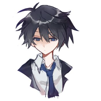 Rule 34 | 1boy, akinashi haru, aluo762617151, antenna hair, black hair, blue eyes, blue necktie, collared shirt, commentary request, cropped shoulders, dress shirt, highres, lapels, male focus, necktie, portrait, saihate eki, shirt, short hair, simple background, solo, white background, white shirt
