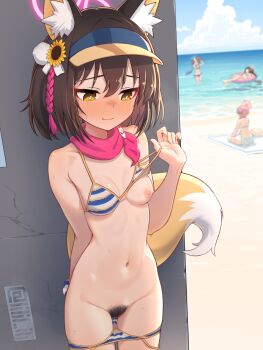4girls animal_ear_fluff animal_ears averting_eyes beach bikini bikini_bottom_pull bikini_top_lift blue_archive blue_bikini blush breasts brown_hair chise_(blue_archive) chise_(swimsuit)_(blue_archive) closed_mouth clothes_lift commentary_request cowboy_shot day embarrassed female_pubic_hair flashing flower fox_ears fox_girl fox_tail hair_flower hair_ornament halo izuna_(blue_archive) izuna_(swimsuit)_(blue_archive) lifting_own_clothes mimori_(blue_archive) mimori_(swimsuit)_(blue_archive) multi-strapped_bikini_bottom multiple_girls navel nipples ocean official_alternate_costume orange_eyes outdoors paid_reward_available pink_halo pink_scarf pubic_hair pussy_juice pussy_juice_trail scarf shizuko_(blue_archive) shizuko_(swimsuit)_(blue_archive) short_hair small_breasts solo_focus special_cat striped_bikini striped_clothes sweat swimsuit tail variant_set visor_cap