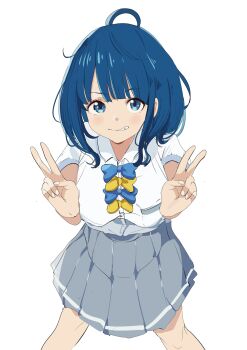 1girl blue_eyes blue_hair breasts double_v grin highres large_breasts legs looking_at_viewer make_heroine_ga_oo_sugiru! medium_hair school_uniform skirt smile solo teeth thighs v yanami_anna