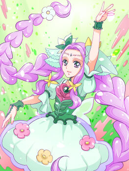 Rule 34 | 1girl, bell, braid, bubble skirt, choker, cowbell, cure felice, dress, earrings, flower, flower in eye, green background, green choker, green eyes, green wrist cuffs, hair flower, hair ornament, hanami kotoha, highres, jewelry, long hair, looking at viewer, magical girl, mahou girls precure!, multicolored eyes, petals, pink hair, precure, skirt, smile, solo, symbol in eye, tsubatsuba (tsubame), twin braids, very long hair, wrist cuffs