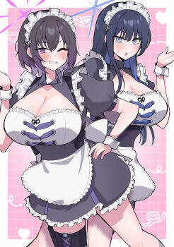 2girls alternate_costume blue_archive blue_hair blue_halo breasts cleavage colored_inner_hair halo highres large_breasts maid mole mole_on_neck multicolored_hair multiple_girls official_alternate_costume ousaka_(buppa_man) purple_halo saori_(blue_archive) subaru_(blue_archive)