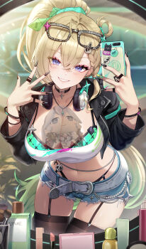 1girl absurdres alternate_costume alternate_hairstyle bagya black_garter_straps black_jacket black_nails black_thighhighs blonde_hair bra bra_peek breasts camellya_mascot_(meme) cellphone censored cleavage collarbone commentary crop_top denim denim_shorts eyewear_on_head garter_straps gradient_hair green_bra green_hair green_ribbon hair_between_eyes hair_ribbon hands_up headphones headphones_around_neck highres holding holding_phone indoors jacket large_breasts light_blush long_hair looking_at_viewer lynae_(wuthering_waves) meme midriff multicolored_hair nail_polish navel novelty_censor parted_lips phone ponytail purple_eyes reflection reflection_focus ribbon shirt shorts smartphone smile solo stomach symbol-only_commentary thighhighs thighs underwear very_long_fingernails very_long_hair white_shirt wuthering_waves