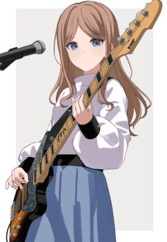 1girl absurdres bang_dream! bang_dream!_it&#039;s_mygo!!!!! bass_guitar blue_eyes blue_hair blue_skirt commentary guitar highres holding holding_guitar holding_instrument instrument long_hair merlin_(mer71n) microphone nagasaki_soyo sidelocks skirt solo sweater white_sweater