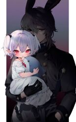 Rule 34 | 1boy, 1girl, animal ears, carrying, carrying person, character request, dress, final fantasy, final fantasy xiv, gloves, grey hair, highres, jacket, lalafell, looking at viewer, mary janes, pointy ears, rabbit ears, red eyes, shoes, short hair, sliteof1789, stuffed animal, stuffed shark, stuffed toy, twintails, white dress