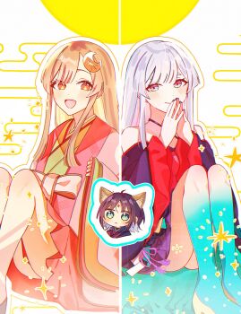 Rule 34 | 3girls, animal ears, black hair, black kimono, blonde hair, blue eyes, blue hair, chibi, chibi inset, cho kaguya-hime!, closed mouth, colored inner hair, commentary, crescent, crescent hair ornament, criss-cross halter, fox ears, fox girl, green eyes, green kimono, hair ornament, halterneck, highres, japanese clothes, kaguya (cho kaguya-hime!), kimono, long hair, long sleeves, looking at viewer, medium hair, multicolored eyes, multicolored hair, multiple girls, off shoulder, orange eyes, own hands together, pinching sleeves, pink eyes, pnko1227, purple kimono, runami yachiyo, sakayori iroha, sidelocks, sitting, sleeves past wrists, steepled fingers, two-tone eyes, untranslatable commentary, watermark, white hair