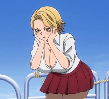1girl 2025 20s animated animated_gif ass_shake blonde_hair blue_sky blush boat breasts brown_eyes cloud eyeshadow hands_on_cheek huge_breasts large_breasts makeup partially_open_shirt red_skirt sazanami_kuina school_uniform shirt short_hair skirt sky solo tagme thighs tougen_anki watercraft white_shirt yellow_eyes