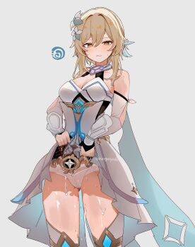 1girl arm_cutout blonde_hair blush breasts cameltoe cleavage clothes_lift clothing_cutout dress dress_lift flower genshin_impact hair_flower hair_ornament highres kuromu_shado looking_at_viewer lumine_(genshin_impact) medium_breasts orange_eyes panties simple_background solo thighs underwear wet white_background white_panties