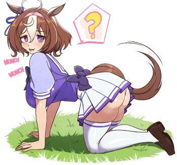 1girl ? @_@ absurdres ahoge all_fours animal_ears ass blush breasts brown_hair brown_shoes commentary eating english_commentary grass highres horse_ears horse_girl horse_tail jeff_miga large_breasts loafers looking_at_viewer meisho_doto_(umamusume) multicolored_hair on_grass pleated_skirt purple_eyes school_uniform shoes short_hair short_sleeves skirt smile solo speech_bubble spoken_question_mark tail thighhighs tracen_school_uniform two-tone_hair umamusume white_hair white_skirt white_thighhighs