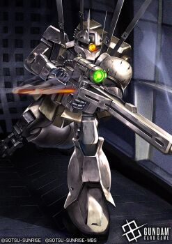 armor backpack bag beam_rifle commentary_request copyright_logo copyright_name copyright_notice energy_gun gun gundam gundam_card_game gundam_unicorn holding holding_gun holding_weapon kenko_(a143016) logo mecha mecha_focus no_humans official_art on_one_knee one-eyed orange_eyes rifle robot science_fiction shoulder_armor solo weapon zaku_i_sniper_type
