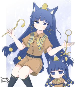 Rule 34 | 2girls, animal ear fluff, animal ears, belt buckle, black socks, blue eyes, blue hair, blunt bangs, brown shirt, brown shorts, buckle, cat ears, check commentary, chibi, collared shirt, commentary request, cropped legs, dated, dounaga nuko, earrings, facial mark, fossilized wonders, fumo (doll), gold, gold buckle, gold hairband, gold headdress, gold headwear, hair ornament, hairband, highres, holding, holding scepter, jewelry, kemonomimi mode, key earrings, kneehighs, long hair, michigami nareko, multiple girls, pocket, scepter, shirt, short sleeves, shorts, signature, simple background, smile, socks, sphere hair ornament, star (sky), starry sky background, striped capelet, touhou, triangle, triangle facial mark, upper body, usekh collar, white background