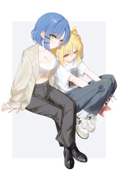 2girls absurdres ahoge black_pants black_shoes blonde_hair blue_hair blue_pants bocchi_the_rock! breasts cleavage commentary crop_top eltir hair_ornament hairclip hand_on_another's_head highres ijichi_nijika invisible_chair jacket large_breasts long_hair long_sleeves looking_at_viewer midriff multiple_girls open_clothes open_jacket open_mouth orange_eyes pants shirt shoes short_hair sitting socks symbol-only_commentary white_shirt white_shoes white_socks yamada_ryo yellow_eyes yuri