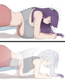 Rule 34 | 2girls, blush, breast envy, breast press, breasts, cleavage, clenched teeth, closed eyes, elf, exercising, fern (sousou no frieren), frieren, grey hair, grey leggings, grey sports bra, hanging breasts, hth5k, huge breasts, leggings, long hair, multiple girls, pink leggings, planking, pointy ears, purple hair, small breasts, smile, sousou no frieren, sports bra, sweat, teeth, trembling, twintails, underboob, white background