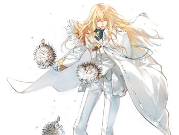 1boy animal ascot bishounen blonde_hair blue_ascot brooch cape closed_eyes collared_cape commentary fate/grand_order fate_(series) feathers feet_out_of_frame fish formal_clothes frilled_sleeves frills gloves gold_trim hair_between_eyes holding holding_animal holding_fish jacket jewelry kirschtaria_wodime long_hair long_sleeves m-tobiei male_focus open_clothes open_jacket open_mouth pants puffer_fish side_cape simple_background solo standing suit teeth upper_teeth_only vest white_background white_cape white_feathers white_gloves white_jacket white_pants white_suit white_vest
