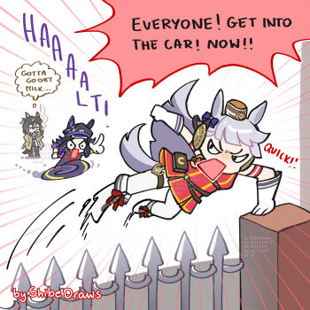 3girls animal_ears armband black_boots black_hair black_jacket black_pants blunt_bangs boots bow brown_hair brown_hat chibi chibi_only cigarette coat commentary dress ear_covers ear_ribbon ears_through_headwear emphasis_lines english_commentary english_text everyone_get_in_the_car_(meme) fence fenomeno_(black_flames_of_the_righteous_spirit)_(umamusume) fenomeno_(umamusume) flipped_hair gloves goggles goggles_around_neck gold_ship_(red_strife)_(umamusume) gold_ship_(umamusume) grey_hair hair_between_eyes hand_in_pocket hat holding holding_cigarette horse_ears horse_girl horse_tail horseshoe_hat_ornament horseshoe_ornament jacket jojo_no_kimyou_na_bouken jumping long_hair long_sleeves motion_lines multicolored_hair multiple_girls open_mouth pants pantyhose peaked_cap pillbox_hat purple_hair red_dress running scene_reference shibedraws shirt sleeveless sleeveless_dress smoke smoking speech_bubble stay_gold_(sunlit_outsider)_(umamusume) stay_gold_(umamusume) striped_armband striped_clothes tail umamusume white_boots white_gloves white_hair white_pantyhose white_shirt yellow_coat