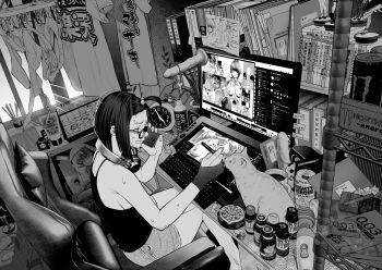 1girl absurdly_detailed_composition artist_glove at_computer bare_shoulders blister_pack book bookshelf box bra brand_name_imitation calendar_(object) can cardboard_box cat cellphone chair cigarette_butt cigarette_pack clenched_teeth clock clothes clothes_pin coffee_mug coin commentary_request computer computer_keyboard condom_box cosmetics crumpled_paper cup desk dildo drawing_(object) drawing_tablet egg_vibrator energy_drink envelope figure glasses greyscale hair_bobbles hair_ornament handheld_game_console headphones headphones_around_neck highres hitachi_magic_wand holding holding_phone holding_stylus indoors jorori key lighter loaded_interior money monitor monochrome monster_energy mug office_chair on_chair original otaku_room panties phone pill plant potted_plant remote_control_vibrator sex_toy shirt short_hair shorts sideways_mouth sitting smartphone solo speaker stylus sweat swivel_chair talking_on_phone tank_top teeth underwear vibrator vibrator_cord window