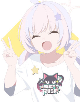1girl ^_^ absurdres ahoge alternate_costume animal_print blue_archive blue_hair cat_print choppy_bangs closed_eyes clothes_writing commentary_request double_v english_text fingernails hair_ornament hands_up highres long_hair low_twintails multicolored_hair open_mouth pink_hair print_shirt reisa_(blue_archive) shirt short_sleeves shurutsu_(pixiv_105473983) smile solo star_(symbol) star_hair_ornament straight_hair t-shirt twintails two-tone_hair upper_body v white_background white_shirt