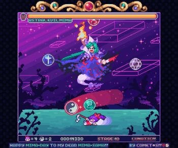 blood bloody_knife blue_cape blue_skirt boss_fight cape comet_summoner98 confrontation english_text fake_screenshot fireball gameplay_mechanics ghost_tail gohei green_eyes green_hair hair_ribbon hakama hakurei_reimu heads-up_display health_bar highly_responsive_to_prayers holding holding_knife japanese_clothes knife long_hair mima_(touhou) open_mouth pixel_art purple_hair red_hakama red_ribbon ribbon shirt skirt sliding space star_(sky) touhou touhou_(pc-98) user_interface white_shirt