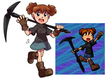 1girl black_eyes blue_skirt blush blush_stickers boots brown_boots brown_gloves brown_hair commentary fingerless_gloves full_body gloves grey_shirt holding holding_pickaxe making-of_available mary_cagle open_mouth original pickaxe redrawn reference_inset shirt short_hair short_sleeves signature simple_background skirt smile solo teeth upper_teeth_only waving white_background