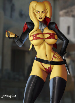 1girl alien artist_name belt black_belt black_boots black_gloves black_shrug boots bra breasts colored_skin energy_sword fingerless_gloves gloves grownupjizz hand_on_own_hip highres large_breasts licking_lips lightsaber looking_to_the_side navel panties red_bra red_eyes red_nails red_panties shrug_(clothing) signature solo star_wars sword thigh_boots tongue tongue_out twi&#039;lek underwear weapon yellow_skin
