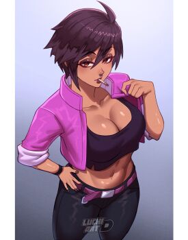 1girl breasts brown_eyes cigarette cleavage crop_top cropped_jacket dispatch face_piercing highres invisigal_(dispatch) jacket large_breasts looking_at_viewer luchidart navel nose_piercing nose_ring nostril_piercing piercing pink_jacket purple_nails short_hair solo stomach unlit_cigarette_in_mouth