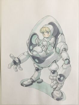 1girl blonde_hair blue_eyes bodysuit closed_mouth cockpit commentary gloves highres hood hood_up hooded_bodysuit mecha mecha_focus mecha_pilot_suit original peter_salt robot short_hair solo standing traditional_media white_background white_bodysuit white_gloves