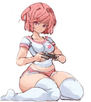 1girl :/ breasts commentary controller cropped_shirt doki_doki_literature_club dolphin_shorts english_commentary full_body game_controller highres holding holding_controller kneeling looking_at_viewer medium_breasts midriff natsuki_(doki_doki_literature_club) pink_eyes pink_hair pink_shorts rakeemspoon seiza shirt short_hair short_shorts shorts simple_background sitting sketch skin_tight skindentation solo thighhighs white_background white_shirt white_thighhighs