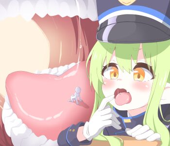 1girl 1other absurdres black_hat blue_archive gloves green_hair hat highres hikari_(blue_archive) imminent_vore long_hair long_sleeves niwaka_potato open_mouth peaked_cap pointy_ears saliva teeth tongue tongue_out white_gloves yellow_eyes