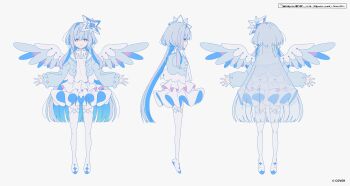 1girl absurdres amane_kanata angel angel_wings blue_hair blue_jacket boots colored_inner_hair commentary_request copyright_name cross-shaped_pupils feathered_wings full_body grey_hair halo highres hololive jacket layered_skirt long_hair multicolored_hair multiple_views official_art pink_streaks purple_eyes reference_sheet shirt simple_background single_hair_intake skirt sowichi star_halo streaked_hair symbol-shaped_pupils thigh_boots tilted_halo turnaround very_long_hair virtual_youtuber white_background white_boots white_shirt white_skirt wings