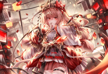 1girl absurdres alternate_costume blonde_hair blush closed_mouth commentary cowboy_shot crystal crystal_wings english_commentary english_text flandre_scarlet frilled_sleeves frills highres lantern long_hair long_sleeves looking_at_viewer one_side_up paper_lantern red_eyes red_skirt shirt skirt solo thigh_strap thighhighs top-exerou touhou very_long_hair white_shirt white_thighhighs wide_sleeves wings