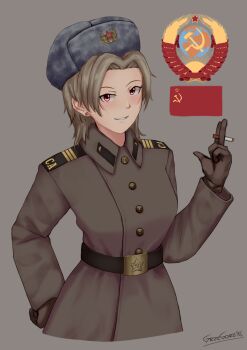Rule 34 | 1girl, absurdres, artist name, belt, black belt, black hat, brown coat, brown gloves, brown hair, cigarette, coat, collar tabs, commentary, earrings, emblem, english commentary, gloves, grey background, grin, grzegorz1996, hammer and sickle, hand on own hip, hat, highres, holding, holding cigarette, jewelry, looking at viewer, military, military uniform, original, red eyes, red star, shoulder boards, simple background, smile, soldier, solo, soviet, soviet army, star (symbol), trench coat, upper body, ushanka