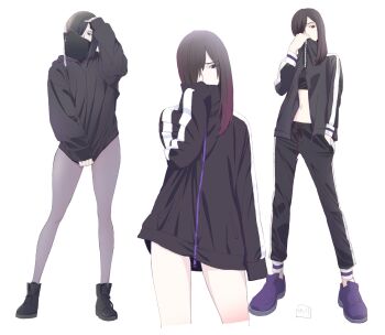 1girl black_boots black_bra black_hair black_jacket black_pants black_sports_bra boots bra brown_eyes commentary_request covered_mouth cropped_legs full_body grey_pantyhose hair_over_one_eye hand_in_own_hair hand_in_pocket hand_up high_collar highres jacket jacket_tug long_sleeves looking_at_viewer medium_hair multiple_views navel no_pants nori_(norimakigumo) ohsama_sentai_king-ohger one_eye_covered open_clothes open_jacket pants pantyhose purple_shoes rita_kanisuka shoes signature simple_background sleeves_past_fingers sleeves_past_wrists sports_bra standing super_sentai tokusatsu track_jacket track_pants track_suit underwear white_background zipper zipper_pull_tab