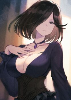 1girl black_hair breasts cleavage closed_mouth collarbone commentary_request hair_over_one_eye large_breasts medium_hair octopath_traveler octopath_traveler_ii outdoors satou_kivi solo standing throne_anguis