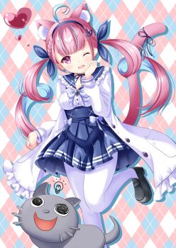 Rule 34 | 1girl, absurdres, animal ears, argyle background, black shoes, blue skirt, cat, cat ears, cat tail, coat, extra ears, frilled coat, frills, hajime yo, highres, hololive, long hair, minato aqua, one eye closed, pantyhose, pink eyes, pleated skirt, shoes, skirt, tail, twintails, virtual youtuber, white coat, white pantyhose