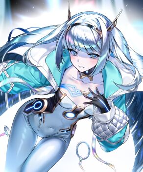 1girl aqua_jacket black_gloves black_hairband blue_eyes blunt_ends bodysuit collarbone covered_navel cropped_jacket detached_collar eudie_(shadowverse) gloves grey_hair hairband highres jacket long_hair long_sleeves looking_at_viewer open_clothes open_jacket parted_lips shadowverse shadowverse:_worlds_beyond solo tomitacchi white_bodysuit