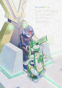 2boys armor blue_armor blue_eyes blue_helmet forehead_jewel full_body green_armor green_helmet helmet male_focus mega_man_(series) mega_man_zero_(series) multiple_boys sage_harpuia_(mega_man) smile throne watermark x_(mega_man) yamanashi_taiki