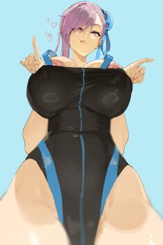 Rule 34 | 1girl, :p, asymmetrical hair, blinkblink art, blue background, blue one-piece swimsuit, blush, breasts, bun cover, closed mouth, clothes pull, fate/grand order, fate (series), grey hair, hair bun, hands up, heart, highleg, highleg one-piece swimsuit, highres, huge breasts, miyamoto musashi (fate), miyamoto musashi (fate/grand order), miyamoto musashi (swimsuit berserker) (fate), miyamoto musashi (swimsuit berserker) (first ascension) (fate), nipple slip, nipples, one-piece swimsuit, one-piece swimsuit pull, pulling own clothes, purple eyes, short hair, simple background, single hair bun, single side bun, smile, solo, standing, swimsuit, tongue, tongue out, undressing