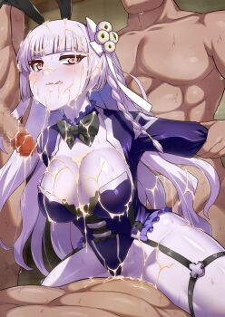 1girl 3boys blunt_bangs blush bow bowtie braid breasts censored character_request cleavage clothed_female_nude_male commentary_request copyright_request cowgirl_position cum cum_in_pussy cum_on_body detached_collar erection eyeball_hair_ornament garter_straps girl_on_top group_sex guriguri_(arayotto4351) hetero highleg highleg_leotard highres large_breasts leotard licking_lips long_hair long_sleeves multiple_boys nude penis purple_leotard pussy red_eyes sex sleeved_leotard smile straddling sweat tongue tongue_out white_hair