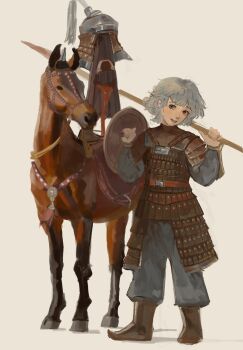 1girl alternate_costume animal armor baggy_pants black_boots blue_eyes blue_pants blue_shirt boots breastplate full_body happy hatsburg helm helmet heterochromia highres holding holding_polearm holding_shield holding_weapon horse lips long_sleeves mongolian_clothes oil-paper_umbrella open_mouth over_shoulder pants pauldrons pointy_boots polearm puffy_long_sleeves puffy_sleeves purple_umbrella realistic red_eyes shadow shield shirt shoulder_armor simple_background smile solo standing tatara_kogasa teeth touhou umbrella weapon weapon_over_shoulder white_background