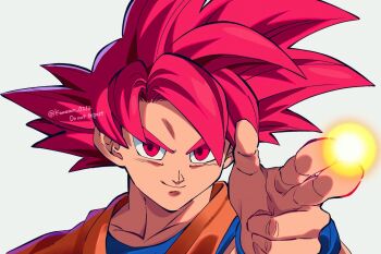 Rule 34 | 1boy, aiming, blue shirt, blue wrist cuffs, dougi, dragon ball, dragon ball super, komesan 0212, orange shirt, red eyes, red hair, shirt, smirk, solo, son goku, spiked hair, super saiyan, super saiyan god, wrist cuffs