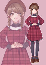 Rule 34 | 1girl, absurdres, black pantyhose, braid, brown eyes, brown footwear, brown hair, check commentary, commentary request, dress, earrings, hat, heart, heart earrings, highres, interlocked fingers, iwashi0725, jewelry, looking at viewer, mary janes, original, own hands together, pantyhose, pink background, plaid, plaid dress, red dress, red hat, shoes, smile, standing, twin braids, unmoving pattern, zoom layer