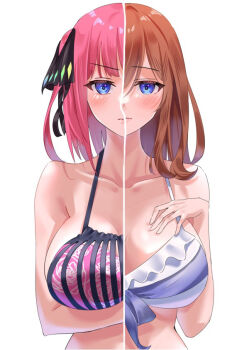 2girls arm_under_breasts bikini blue_eyes blush breasts butterfly_hair_ornament closed_mouth collarbone go-toubun_no_hanayome hair_ornament hair_ribbon hand_on_own_chest hand_up large_breasts long_hair looking_at_viewer medium_hair multiple_girls nakano_miku nakano_nino pink_bikini pink_hair red_hair ribbon siblings simple_background sisters split_screen split_theme swimsuit twins two_side_up upper_body uyufuzi_s white_background white_bikini