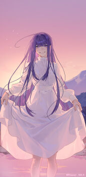 1girl absurdres artist_name blunt_bangs blush breasts commentary_request dress feet_out_of_frame fern_(sousou_no_frieren) floating_hair frilled_shirt_collar frills full_body gradient_sky grin high-waist_skirt highres lake long_hair long_sleeves looking_at_viewer loose_hair_strand mountain orange_sky outdoors purple_eyes purple_hair sidelocks skirt skirt_hold sky smile soar_wle solo sousou_no_frieren standing sunset very_long_hair white_dress