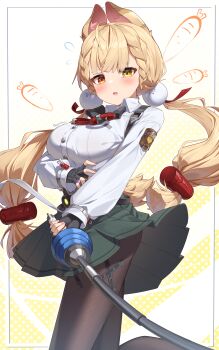 1girl :o absurdres alice_thymefield animal_ear_fluff animal_ears arm_under_breasts artist_name black_pantyhose blonde_hair blush breasts fingerless_gloves flying_sweatdrops foil_(fencing) gloves hair_ornament heterochromia highres holding holding_sword holding_weapon long_hair looking_at_viewer low_twintails maeru medium_breasts orange_eyes pantyhose pleated_skirt signature skirt solo sphere_hair_ornament sword twintails weapon yellow_eyes zenless_zone_zero