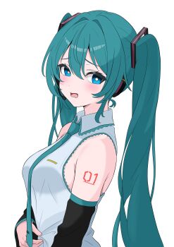 1girl absurdres aqua_hair aqua_trim bare_shoulders black_sleeves blue_eyes blush breasts bright_pupils commentary_request detached_sleeves dot_nose facing_to_the_side futatunoniji hair_between_eyes hair_intakes hatsune_miku headset highres long_hair medium_breasts number_tattoo shirt shoulder_tattoo sideboob sleeveless sleeveless_shirt solo tattoo twintails upper_body very_long_hair vocaloid white_pupils white_shirt wing_collar